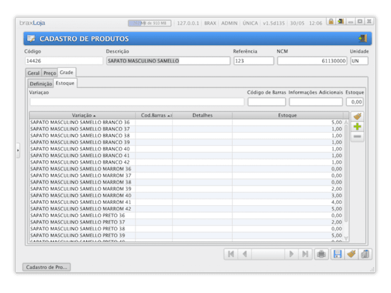 Cadastro de Produtos - Aba Grade/Estoque